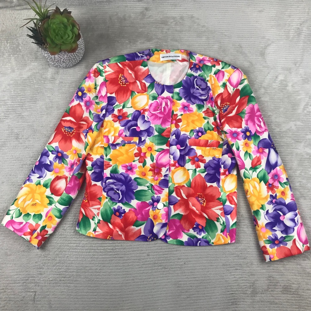 Nipon Boutique Vintage Floral 100% Silk Blazer
